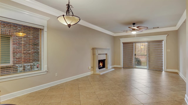 unfurnished living room with light tile patterned floors, ceiling fan, and crown molding