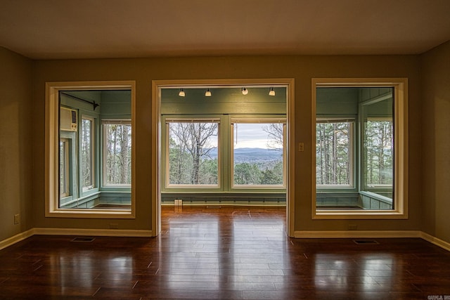 entryway featuring dark wood-type flooring and a mountain view