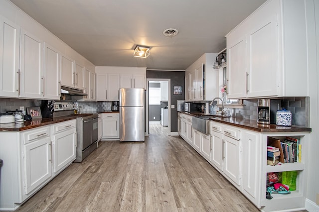 kitchen with sink, decorative backsplash, white cabinetry, and appliances with stainless steel finishes