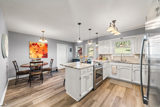 kitchen featuring kitchen peninsula, electric range, and white cabinets