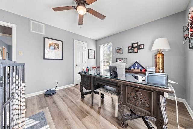 office area featuring ceiling fan and light hardwood / wood-style flooring