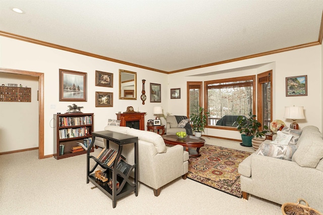 carpeted living room with ornamental molding