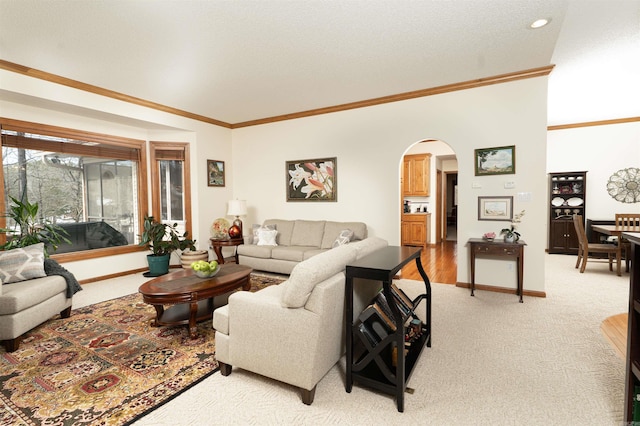 carpeted living room featuring crown molding