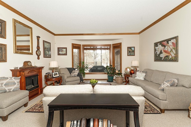 carpeted living room featuring crown molding