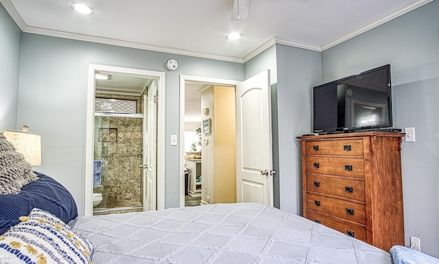 bedroom with ensuite bathroom and crown molding