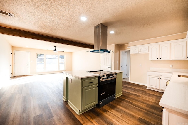 kitchen with green cabinetry, island exhaust hood, beam ceiling, white cabinetry, and stainless steel range with electric stovetop