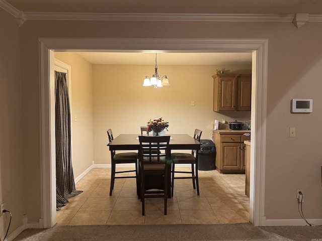 tiled dining room with an inviting chandelier and crown molding