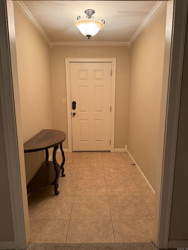 doorway to outside with a textured ceiling, light tile patterned floors, and crown molding