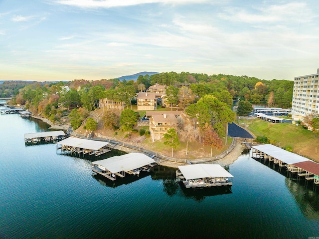 bird's eye view with a water view