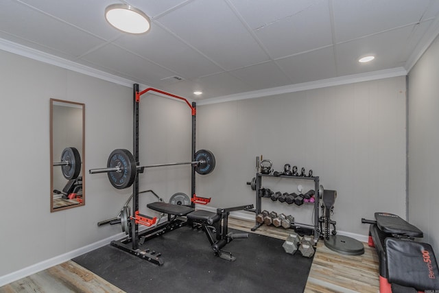 exercise area with ornamental molding and wood-type flooring