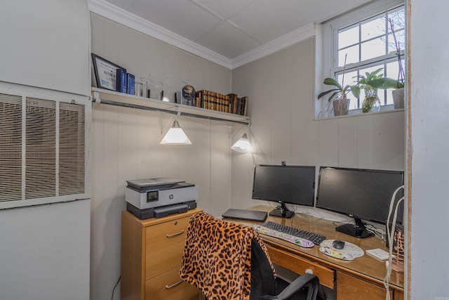 home office featuring wood walls and ornamental molding