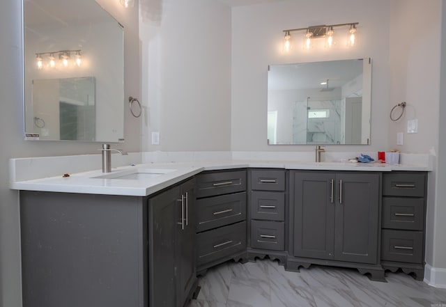 bathroom with vanity and a shower