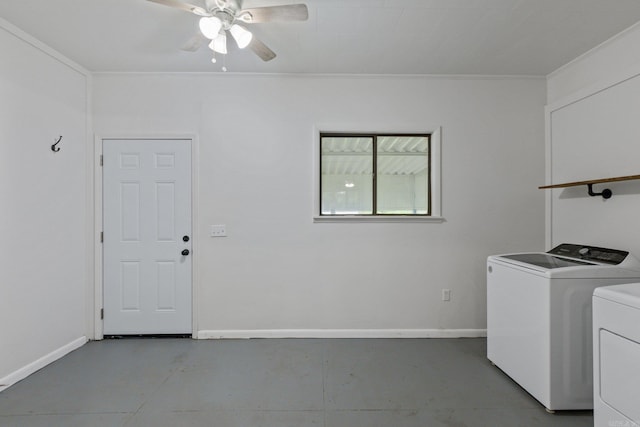 washroom with washer and dryer, ceiling fan, and crown molding