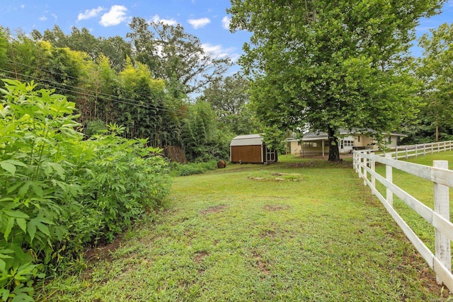 view of yard featuring a storage shed