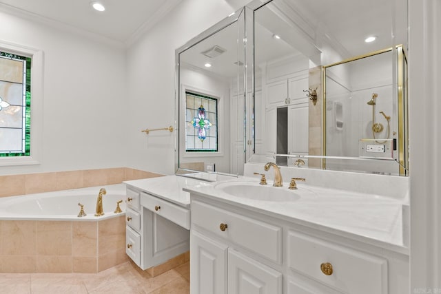 bathroom with separate shower and tub, tile patterned flooring, crown molding, and vanity