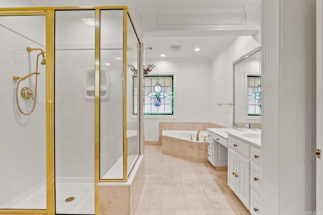 bathroom with a wealth of natural light, tile patterned flooring, ornamental molding, and independent shower and bath