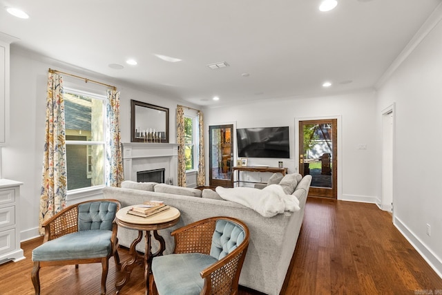 living room featuring dark hardwood / wood-style flooring and crown molding