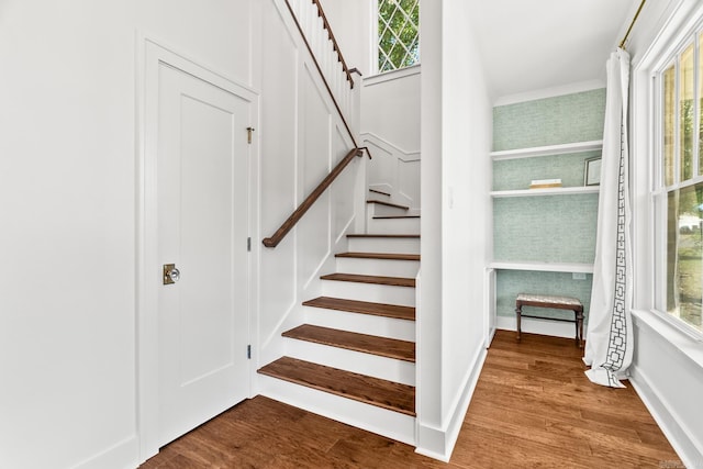 staircase featuring wood-type flooring