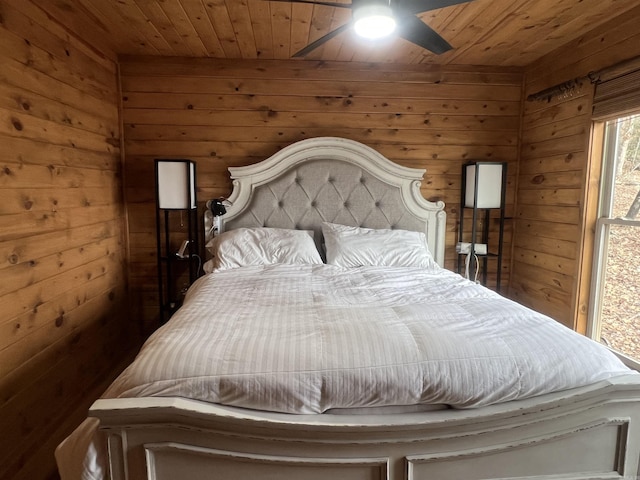 bedroom featuring wooden walls and wooden ceiling