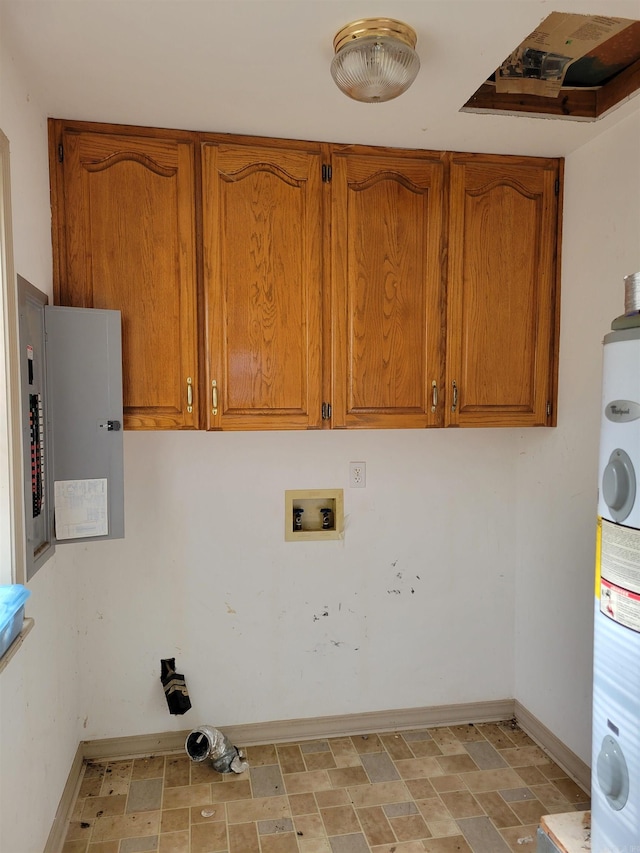 laundry room featuring electric panel, cabinets, water heater, and washer hookup