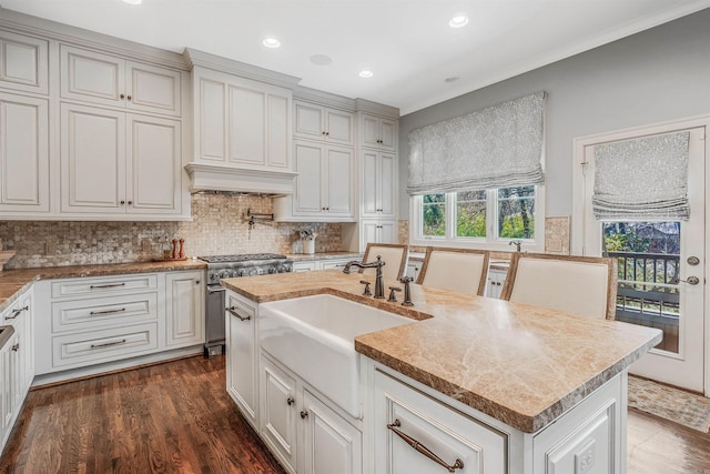 kitchen featuring premium range hood, stainless steel stove, a kitchen island with sink, dark hardwood / wood-style flooring, and sink