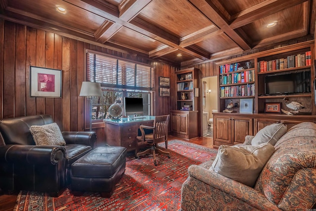 office space featuring coffered ceiling, wooden ceiling, and wood walls