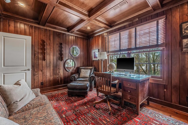 office with wooden walls, wood ceiling, beamed ceiling, crown molding, and coffered ceiling