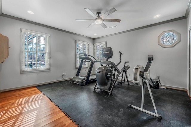 exercise area with wood-type flooring, ceiling fan, and ornamental molding