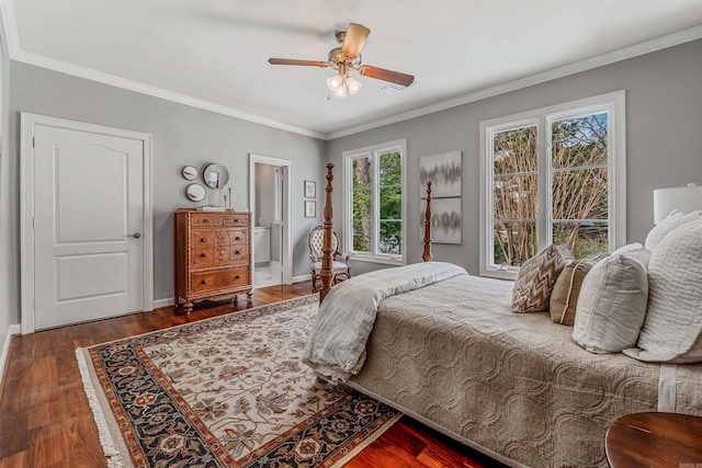 bedroom with ornamental molding, ceiling fan, dark hardwood / wood-style flooring, and multiple windows