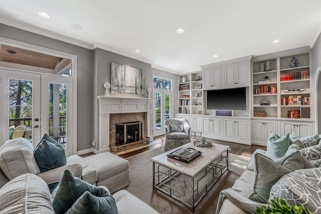 living room with dark wood-type flooring, a premium fireplace, french doors, and a wealth of natural light