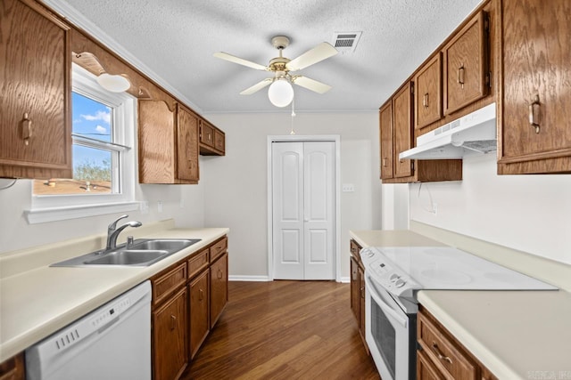 kitchen with sink, a textured ceiling, white appliances, ceiling fan, and dark hardwood / wood-style flooring