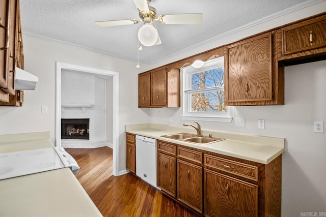 kitchen with exhaust hood, a brick fireplace, white dishwasher, ceiling fan, and sink