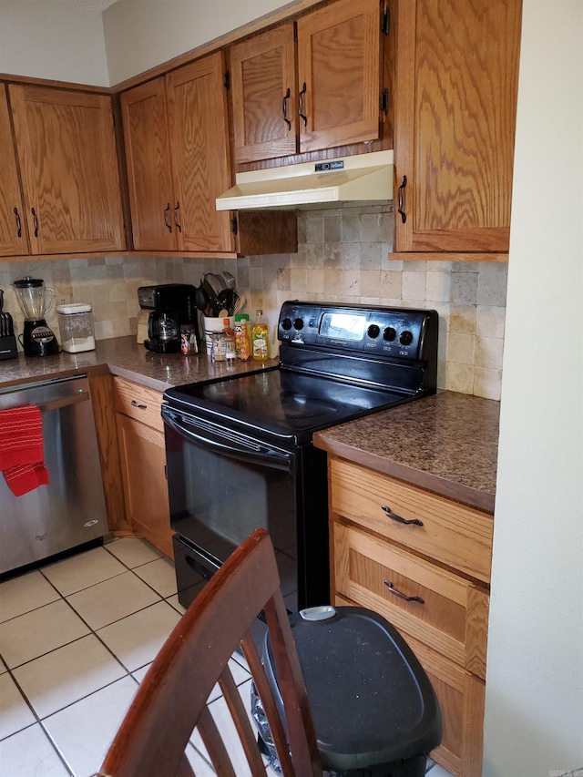 kitchen with black electric range, backsplash, dishwasher, and light tile patterned floors