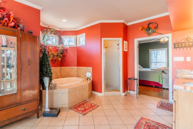 bathroom with tile patterned floors, a healthy amount of sunlight, and crown molding