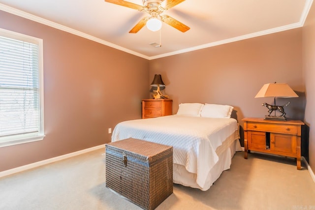 bedroom with light colored carpet, ceiling fan, crown molding, and multiple windows