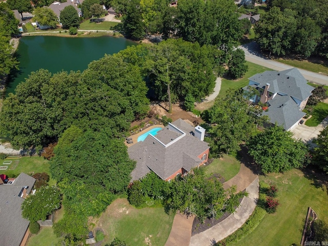 drone / aerial view with a water view