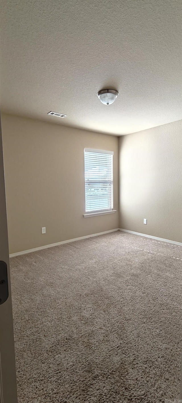 unfurnished room with a textured ceiling and carpet floors