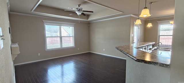 kitchen with hanging light fixtures, ornamental molding, dark wood-type flooring, a tray ceiling, and sink