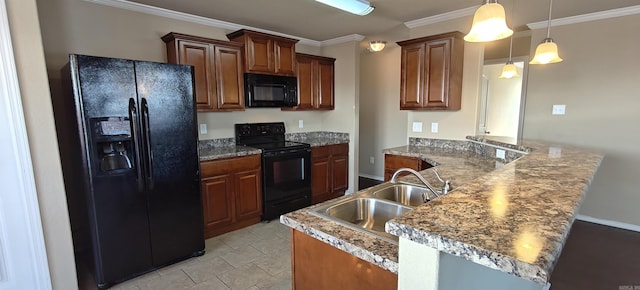 kitchen featuring black appliances, kitchen peninsula, ornamental molding, pendant lighting, and sink