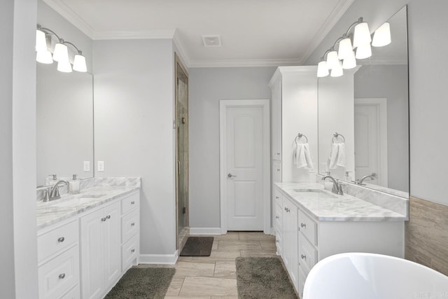 bathroom with shower with separate bathtub, vanity, and ornamental molding