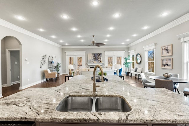 kitchen with light stone countertops, ceiling fan, crown molding, and sink