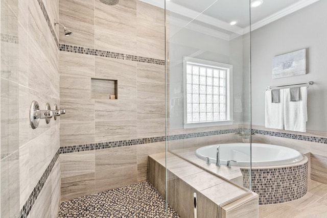 bathroom featuring shower with separate bathtub and ornamental molding