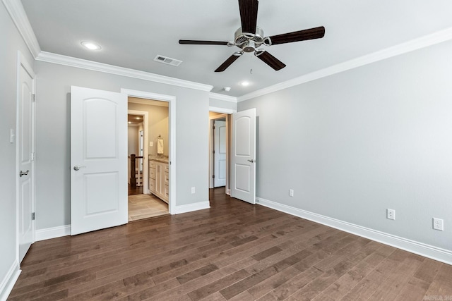 unfurnished bedroom featuring ensuite bathroom, ceiling fan, ornamental molding, and dark hardwood / wood-style floors