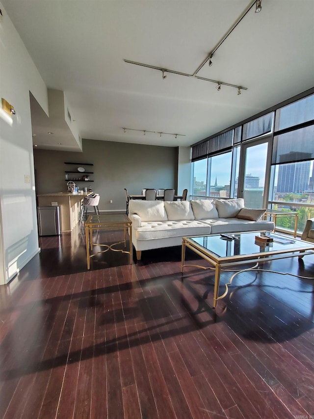 living room featuring track lighting and hardwood / wood-style flooring