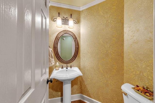 bathroom featuring toilet and crown molding