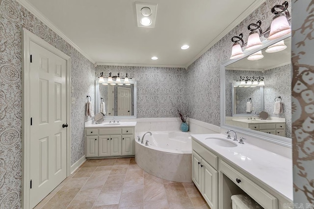 bathroom with a bathing tub, vanity, tile patterned flooring, and crown molding