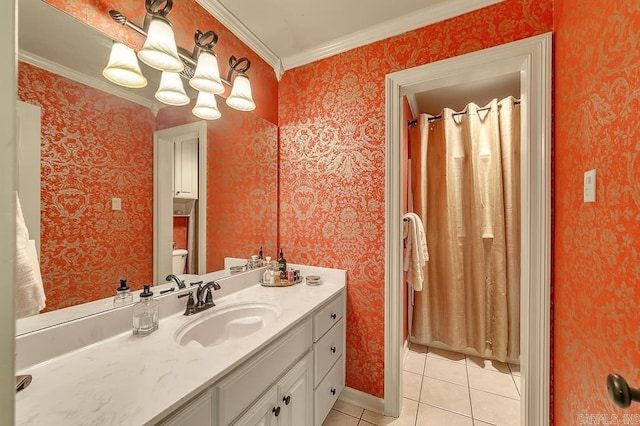 bathroom featuring tile patterned flooring, toilet, crown molding, vanity, and a notable chandelier