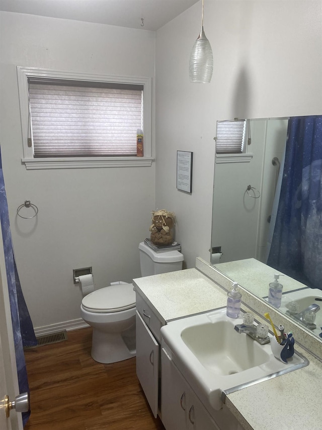 bathroom with toilet, wood-type flooring, and vanity