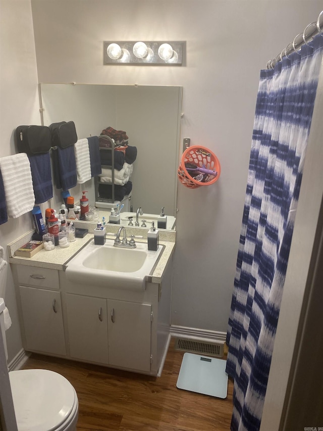 bathroom featuring toilet, wood-type flooring, and vanity