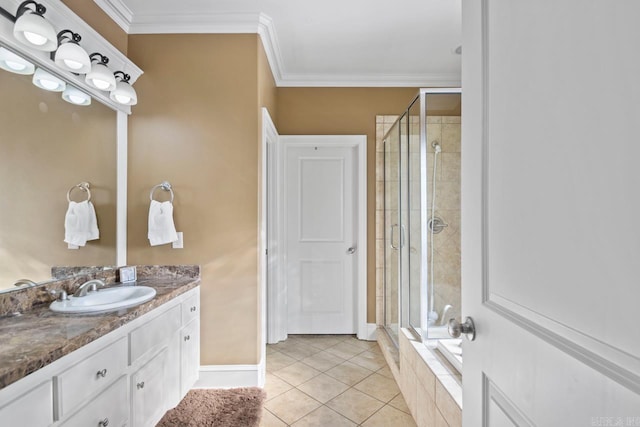 bathroom featuring vanity, walk in shower, tile patterned floors, and ornamental molding